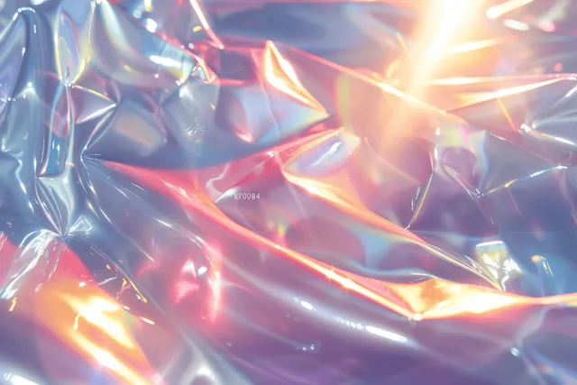 Pastel rainbow light refractions through crumpled iridescent foil, glowing beams and flare