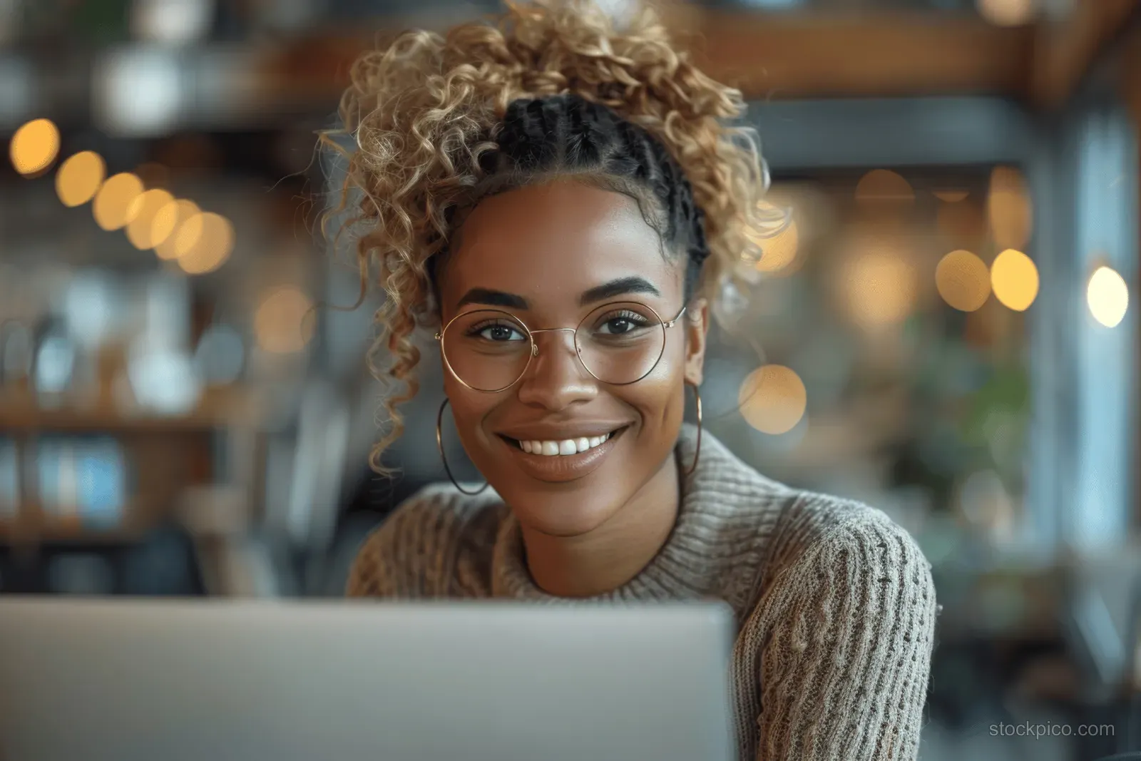Curly-haired person works on a laptop at a cafe table with warm bokeh lights behind.