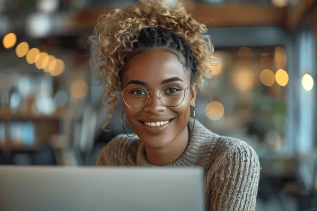 Curly-haired person works on a laptop at a cafe table with warm bokeh lights behind.