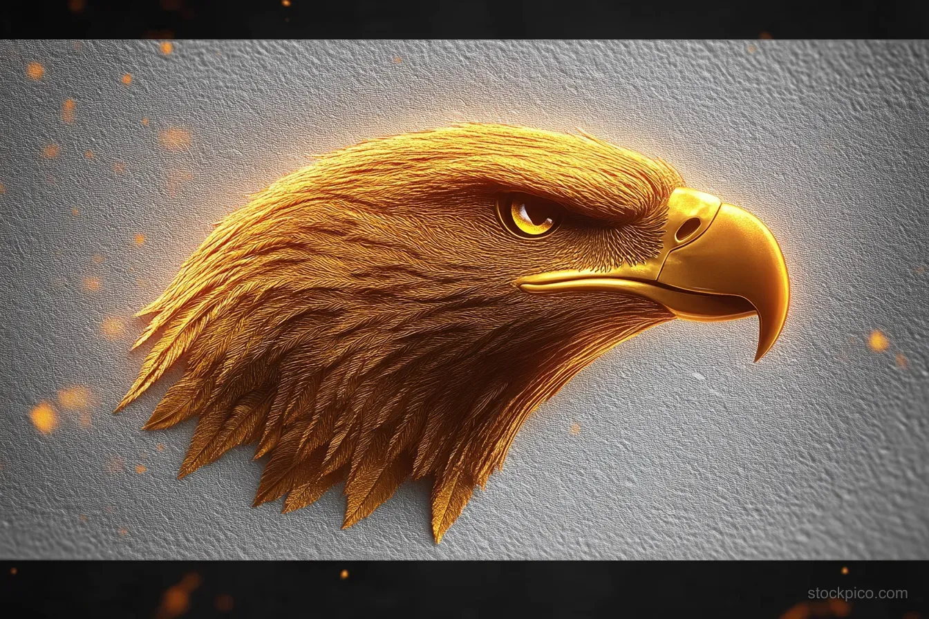 Golden eagle head in profile with sharp eyes, beak details, and orange glowing particles over a textured gray background.