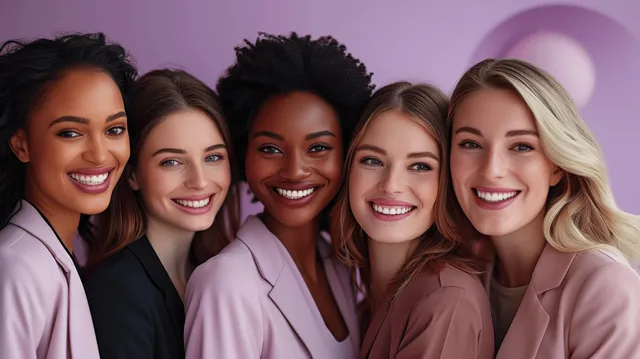 Five diverse businesswomen smile together in a studio group portrait against a purple background.