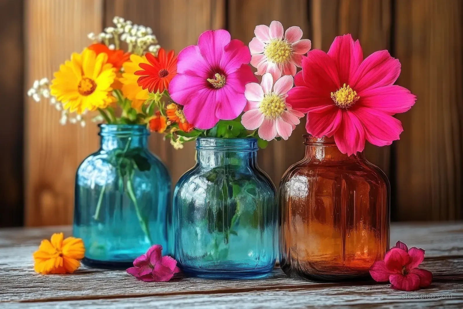 Colorful autumn flowers arranged in three glass jars on a wooden table with warm blurred background.