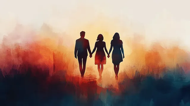 Silhouetted diverse group walks forward with hands held together in a warm sunrise haze.