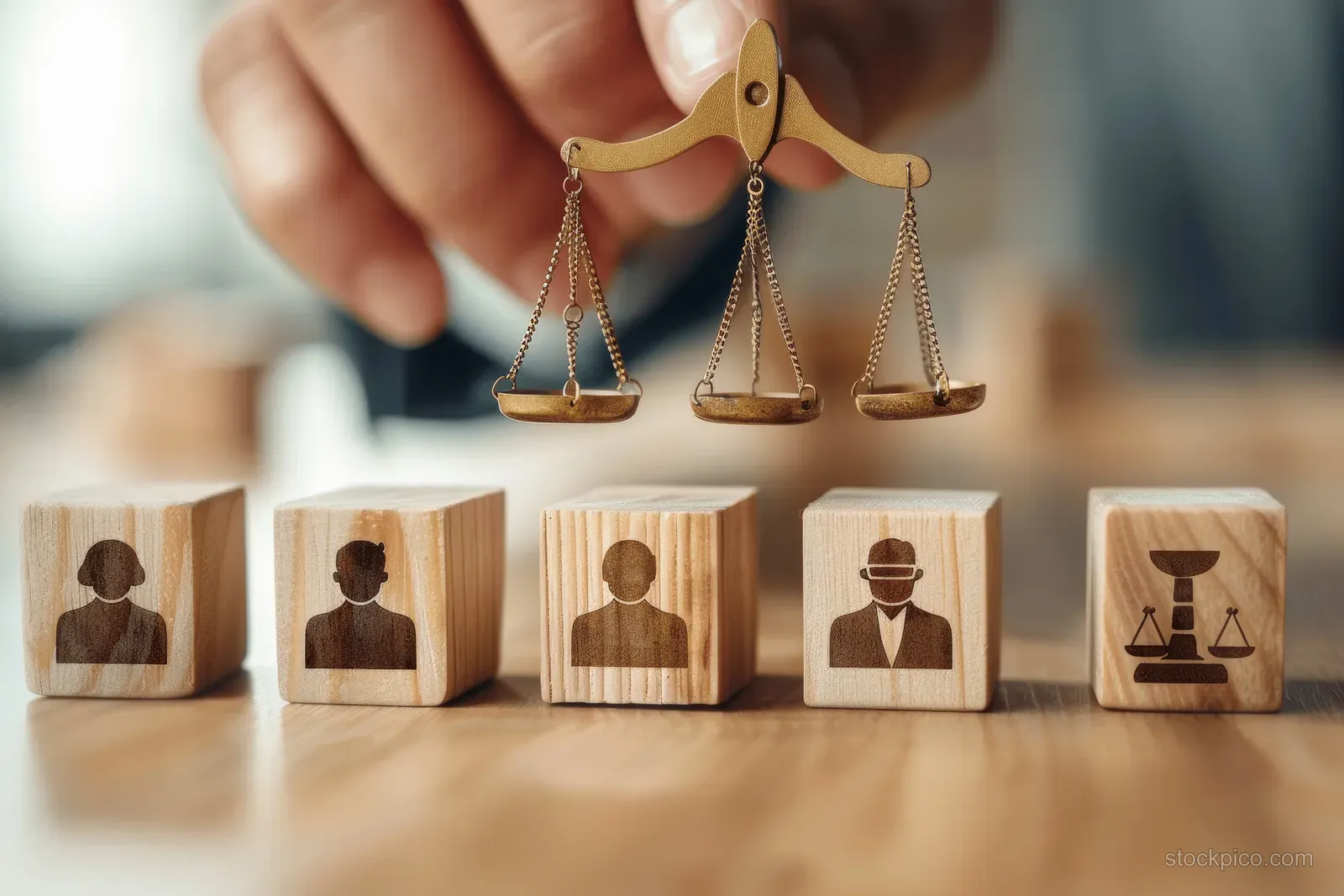 A hand places a balance-scale charm near wooden blocks showing worker and justice symbols for employment compliance.