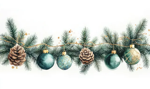 Watercolor pine branches with hanging teal ornaments, pinecones, and soft winter mist background