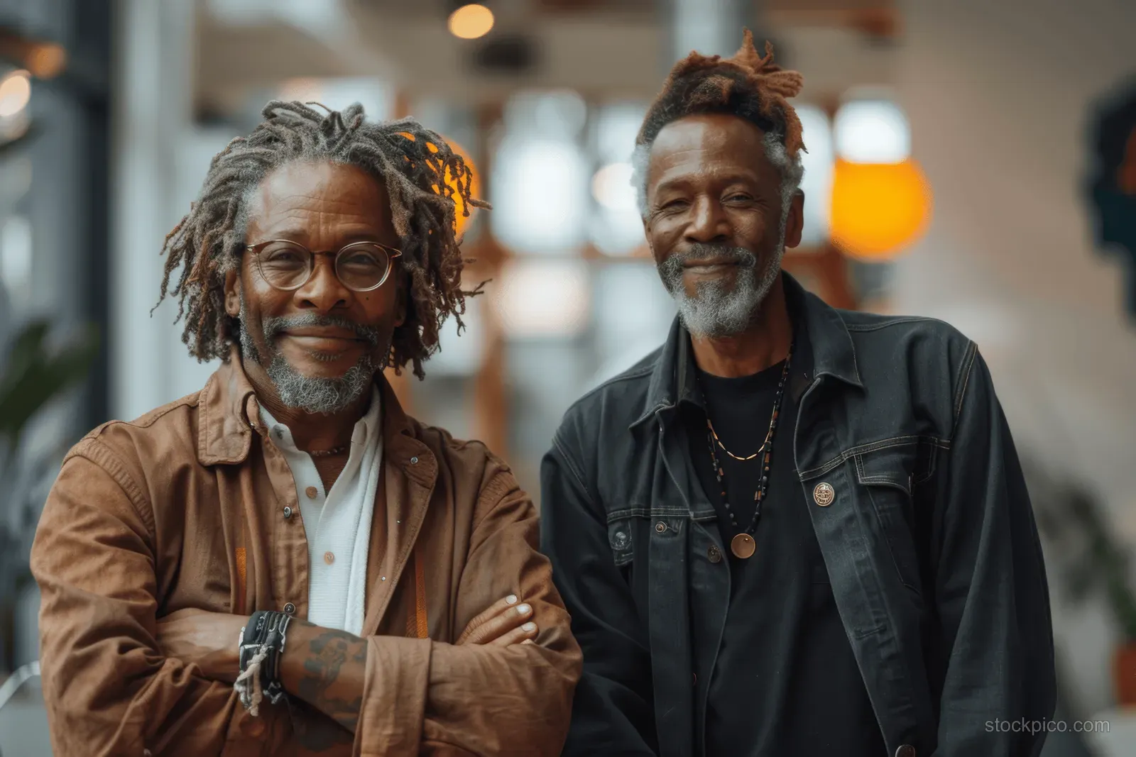 Two elderly men with gray beards smile in an indoor portrait, one wearing a brown jacket and the other a dark jacket.
