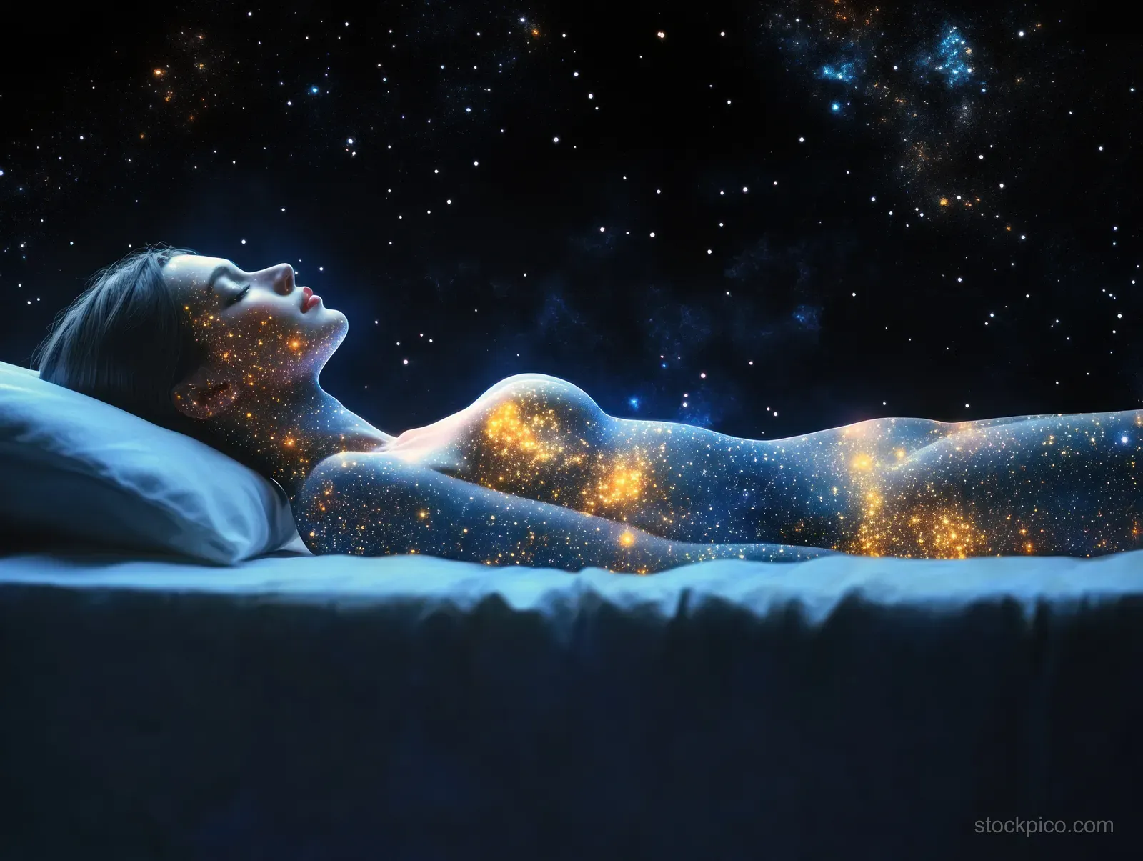 A woman reclines on a bed, her face and hair merging with glowing stars in a dark cosmic dream scene.