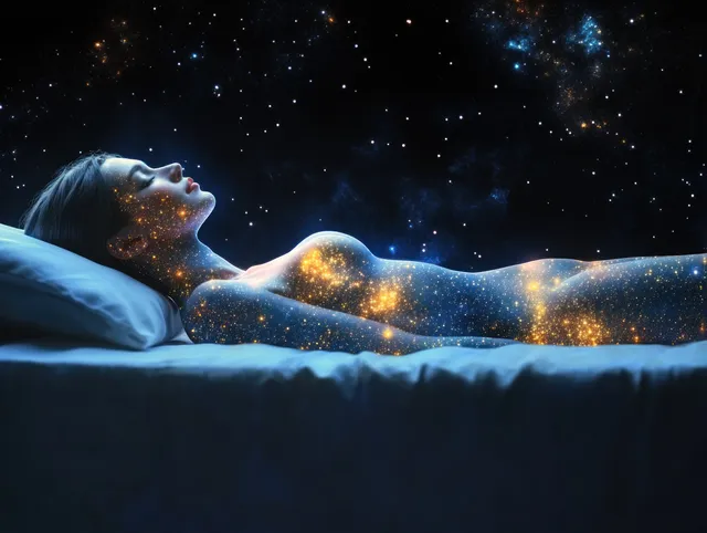 A woman reclines on a bed, her face and hair merging with glowing stars in a dark cosmic dream scene.