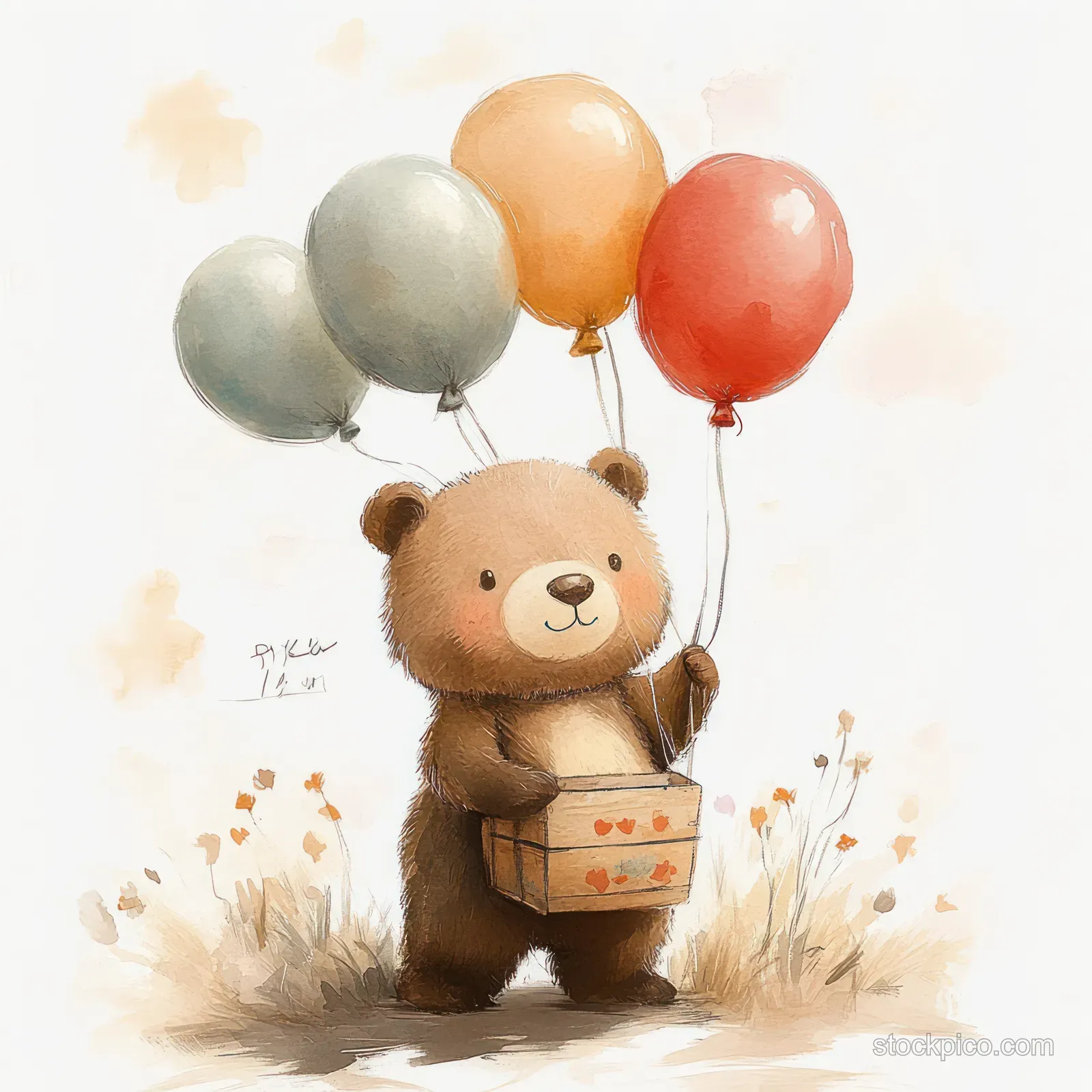 Watercolor teddy bear holding balloons and a gift box outdoors with soft pastel colors and faint blossoms.