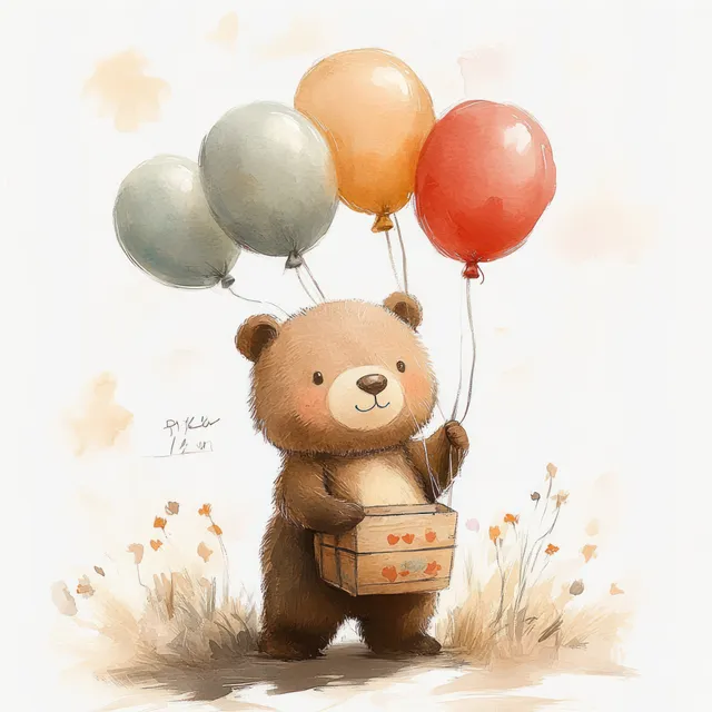 Watercolor teddy bear carrying balloons and a gift box in a soft pastel garden scene