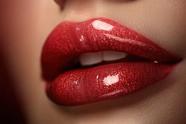 Close-up of glossy red lips with subtle teeth showing and bright specular reflections