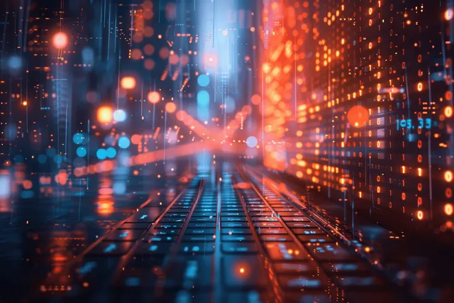 Holographic binary data streams over neon city street converging into glowing vanishing point