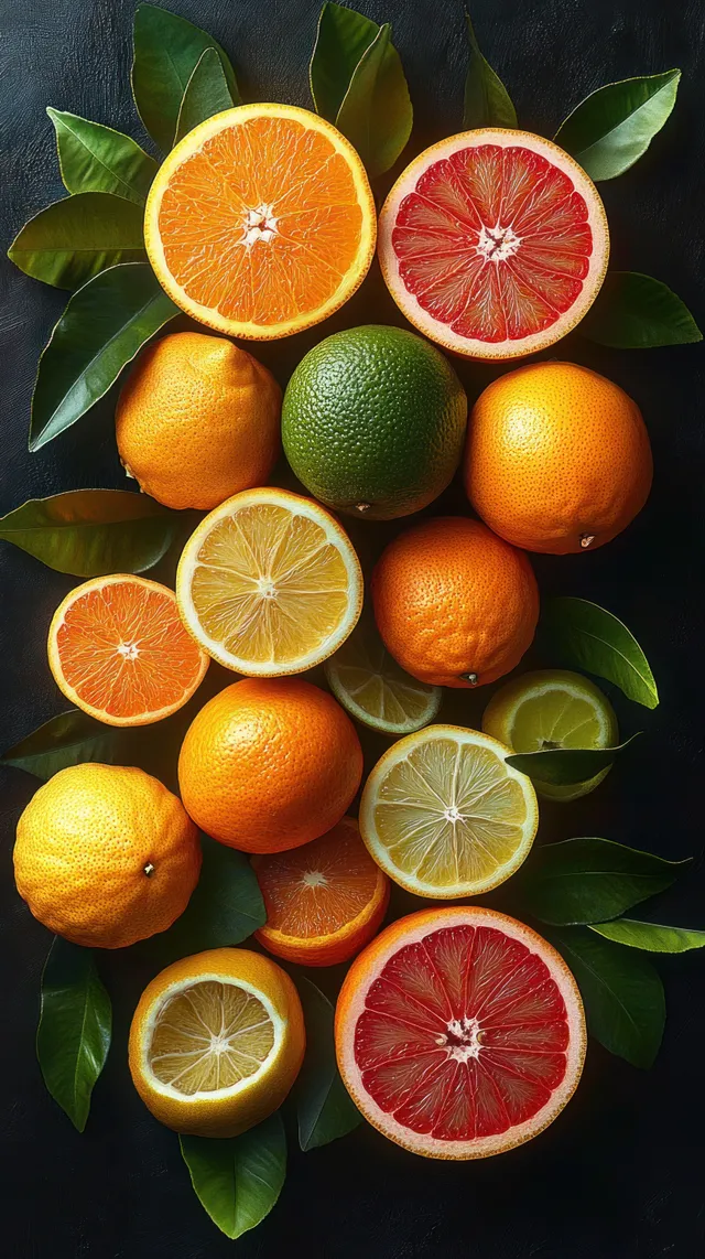 A still life of whole and halved oranges, lemons, grapefruit, and green lime arranged on dark leaves.