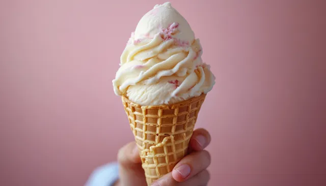 Hand holding a vanilla ice cream cone with pink swirls against a soft pink background.
