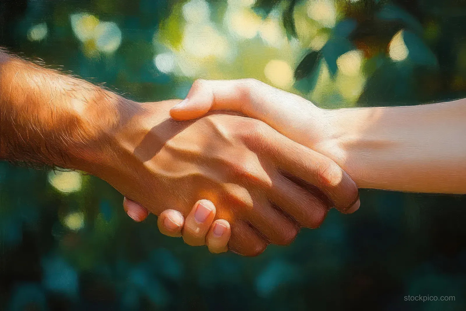 Two hands clasp in a supportive gesture with warm dappled sunlight in a blurred outdoor background.