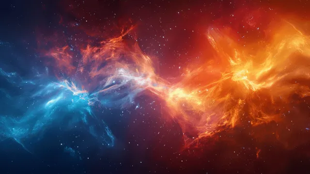 Orange and blue cosmic nebula smoke clouds with scattered glowing stars over a dark space backdrop.