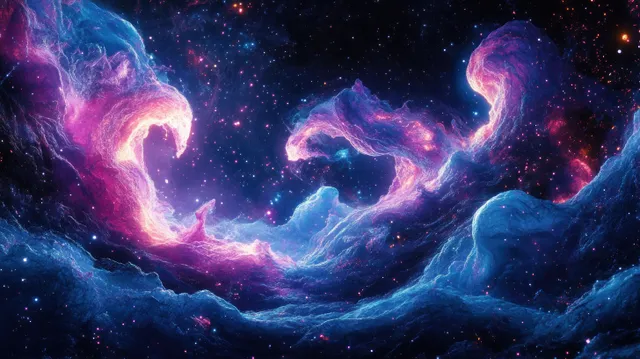Swirling pink and blue nebula clouds glow around distant stars in a dark deep-space sky.