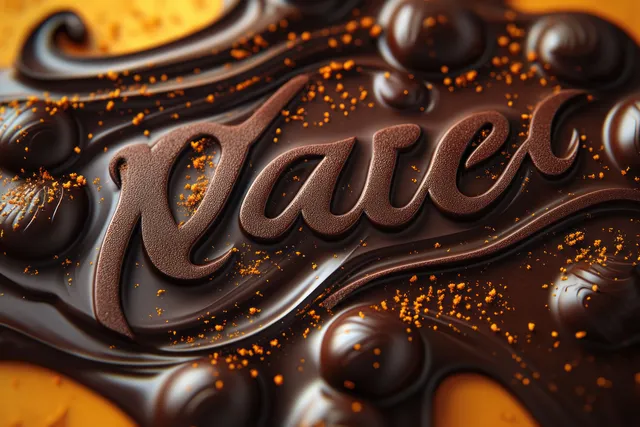 Macro dark chocolate swirl lettering with dotted highlights and brownish-orange powder sprinkled on top.