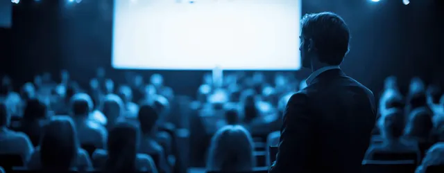 A business speaker stands on stage facing a large audience under blue lighting and a glowing presentation screen.