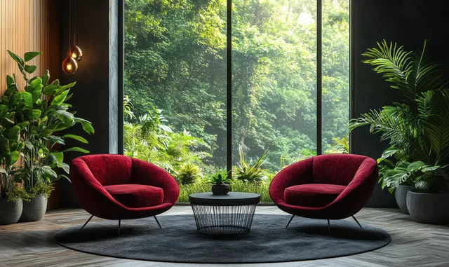 Two burgundy lounge chairs with a small black table sit beneath panoramic windows, with potted plants framing the scene.