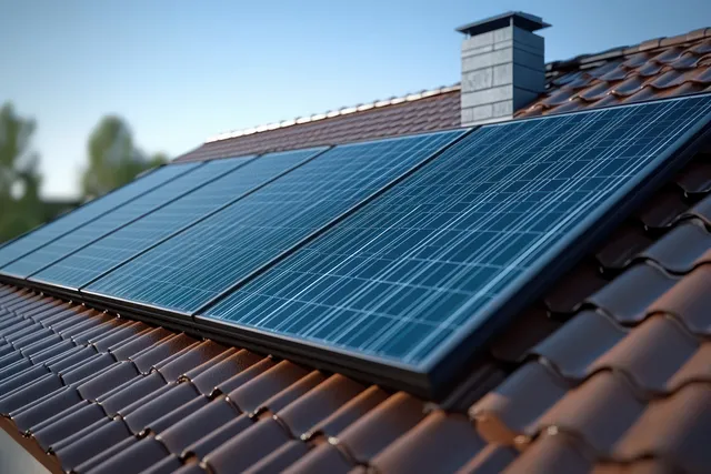 Close-up of solar panels on a brown tiled roof beside a chimney under clear blue sky.