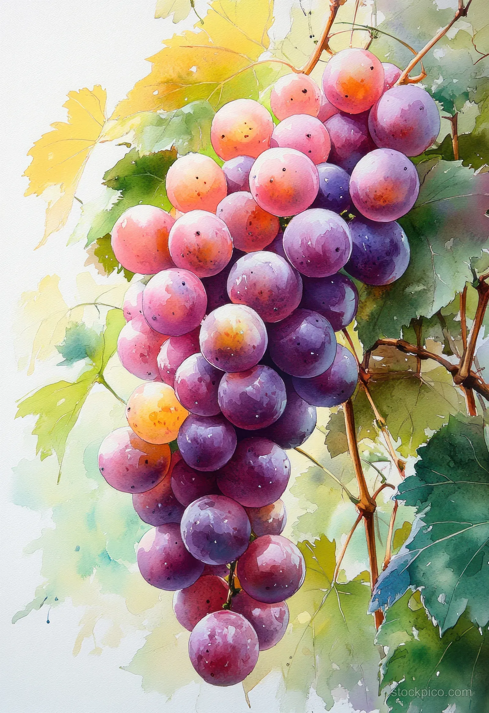 Watercolor painting shows a hanging cluster of purple grapes with green leaves against a vibrant colorful background.