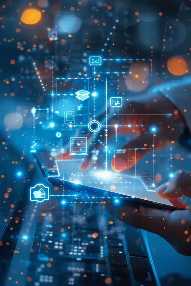 Businesswoman typing on a laptop as floating cloud and document icons overlay a connected network scene.