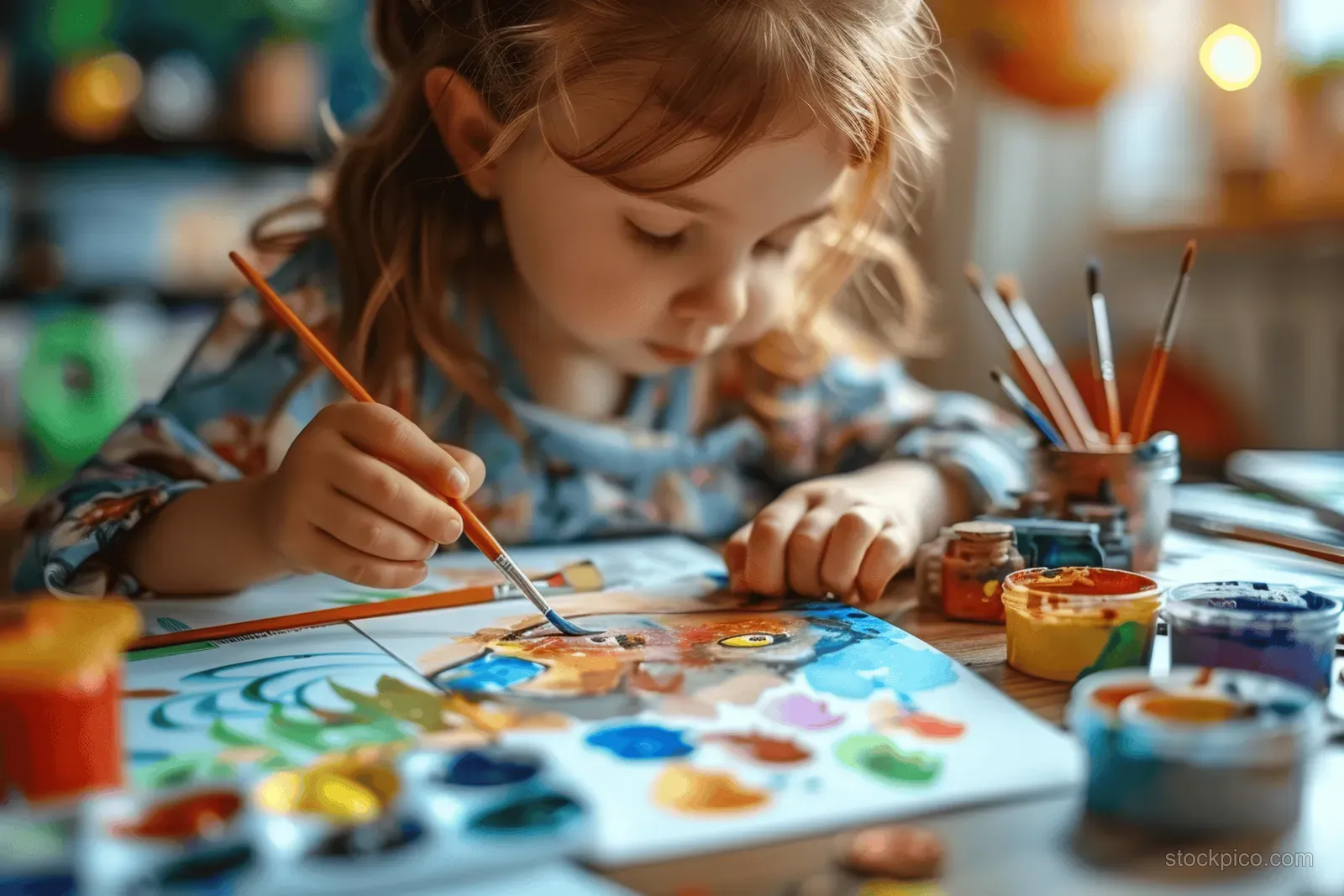 A young girl concentrates while painting a watercolor picture at a table with paint pots and brushes nearby.