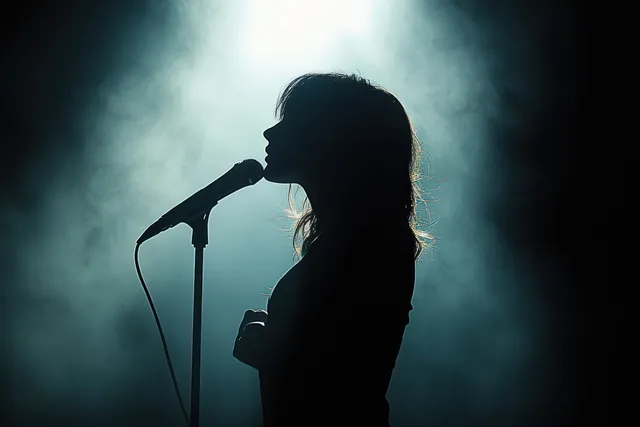 Silhouette of a female singer singing into a microphone on a smoky stage with dramatic backlighting.