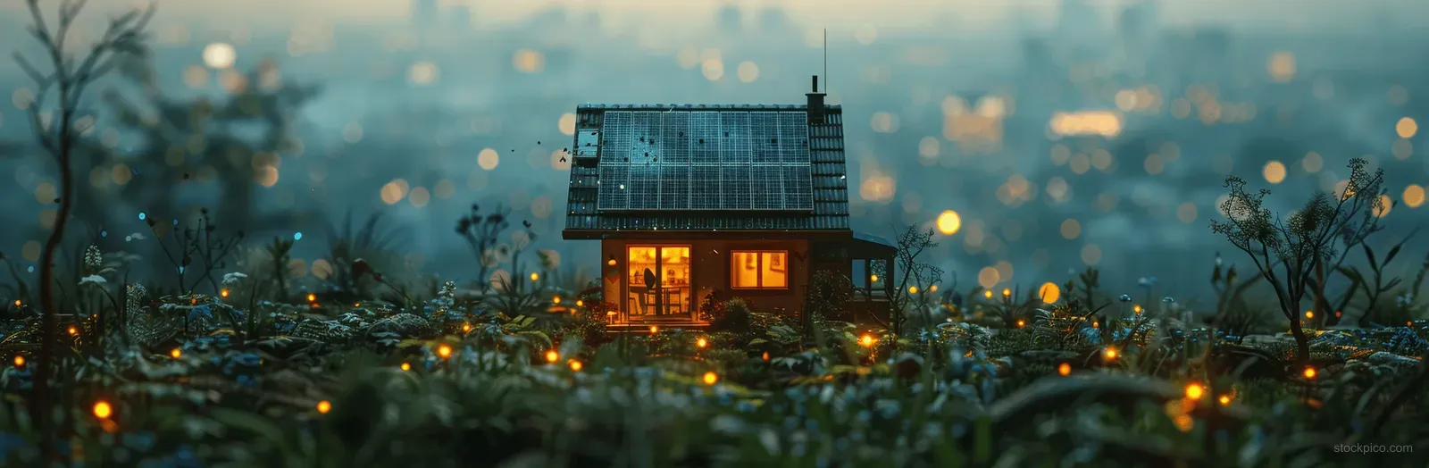 Aerial view of a modern smart home at dusk with solar panels and warmly lit windows.