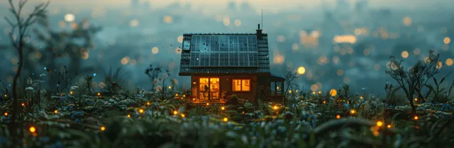 Aerial view of a smart sustainable home at dusk with solar panels and lit windows