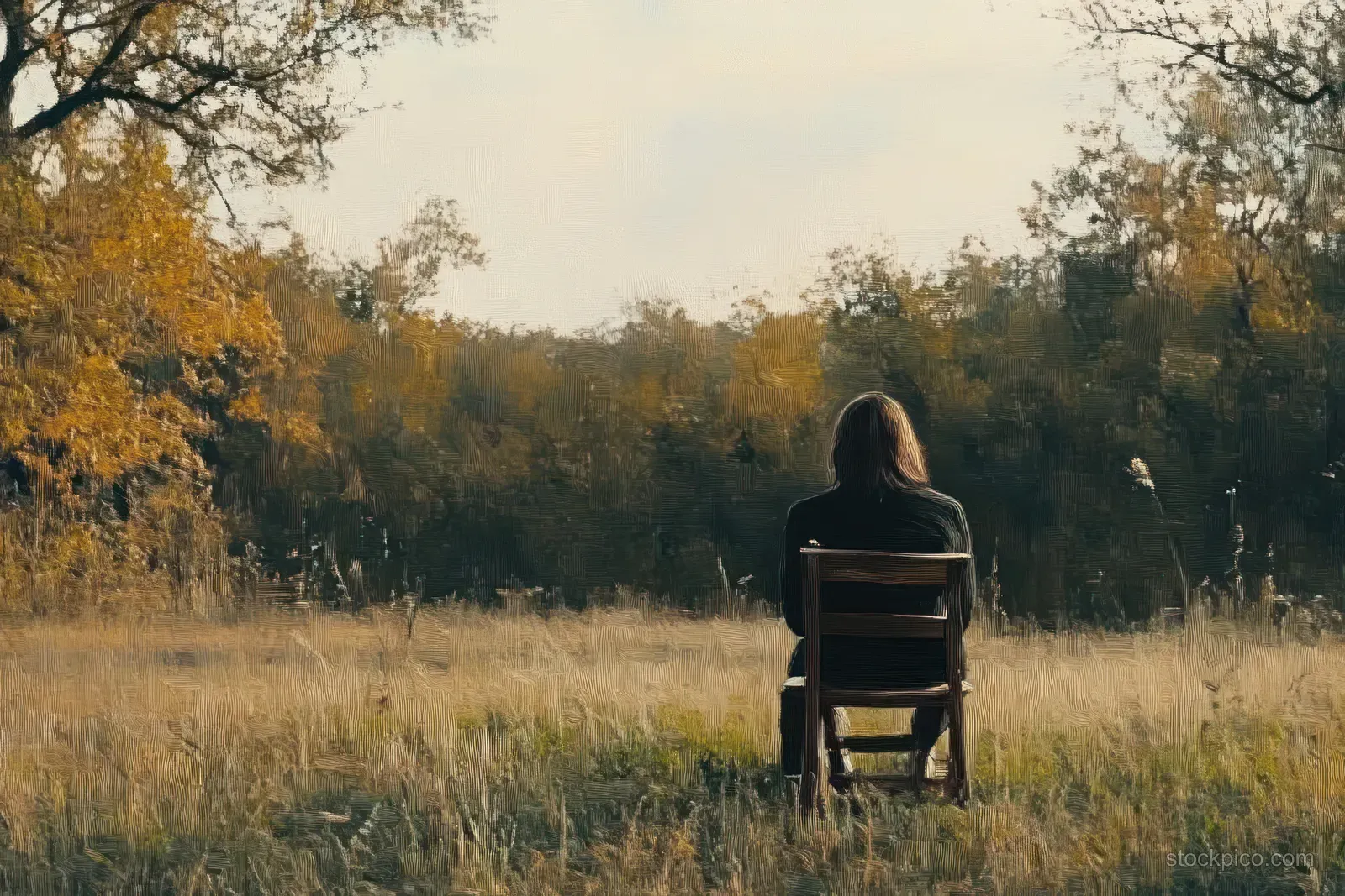 A person sits alone on a wooden chair in an autumn grassy field, facing trees under a pale sky.