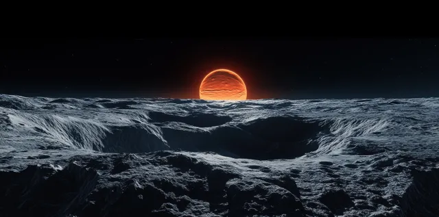 Cratered lunar ground under a warm sunrise glow with Phobos and Mars visible in the dark sky.