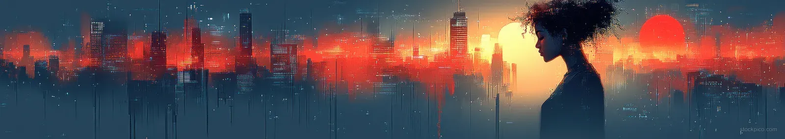 Silhouetted business figures and handshake shapes are layered over a glowing city skyline at dusk.