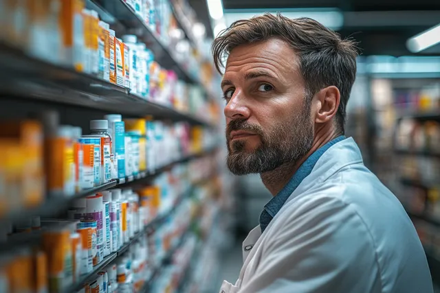A pharmacist holds a digital tablet in a pharmacy aisle beside shelves filled with medicine bottles.