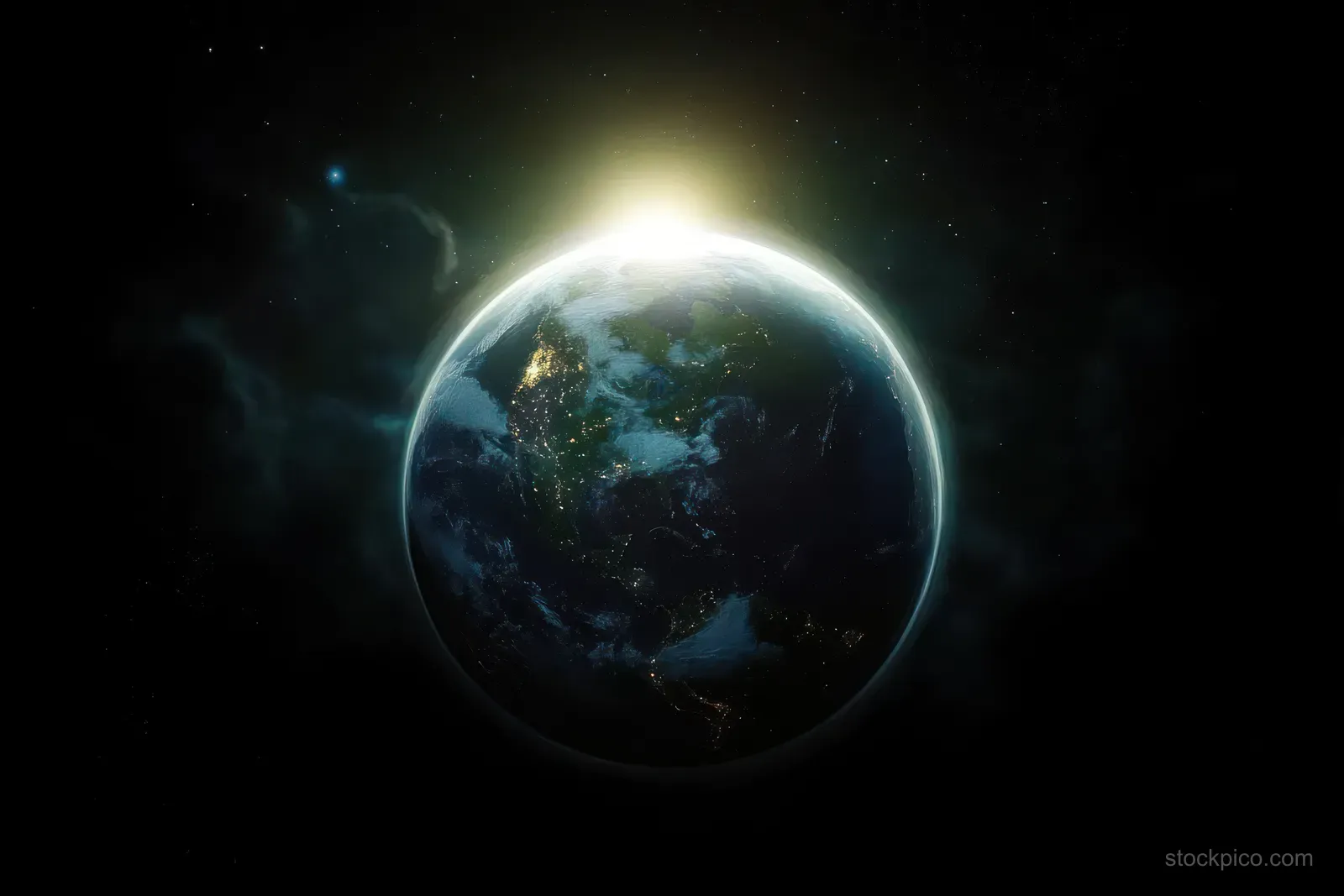 View of Earth in space with city lights across the Americas and the sun rising behind the planet.