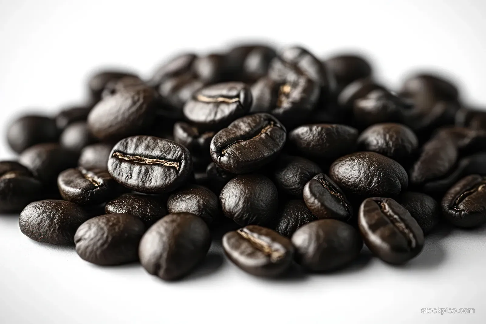 Dark roasted coffee beans are piled on a white surface, showing glossy texture and individual seeds.