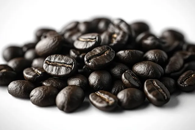 Dark roasted coffee beans are piled on a white surface, showing glossy texture and individual seeds.