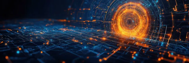 A futuristic circuit board shows an orange glowing circular hub connected by blue and orange network lines.