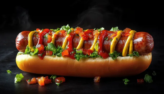 Gourmet hot dog close-up with mustard, ketchup, diced vegetables, and herbs on black