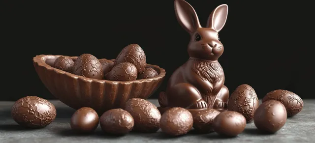 Decorated chocolate Easter eggs and a hollow bunny figurine arranged on a dark tabletop.