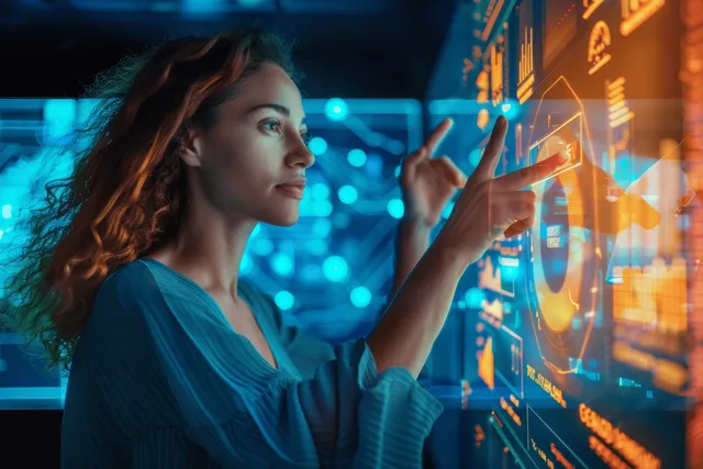 Businesswoman pointing at hologram charts while analyzing data in futuristic office