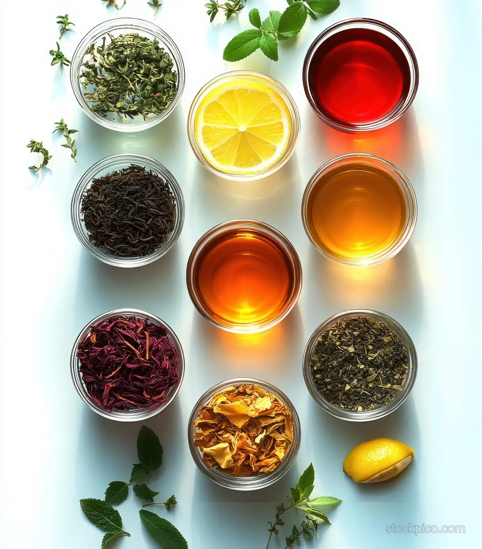 Top view flat lay of colorful glass cups filled with tea beside dried herbs and lemon slices on a light background.