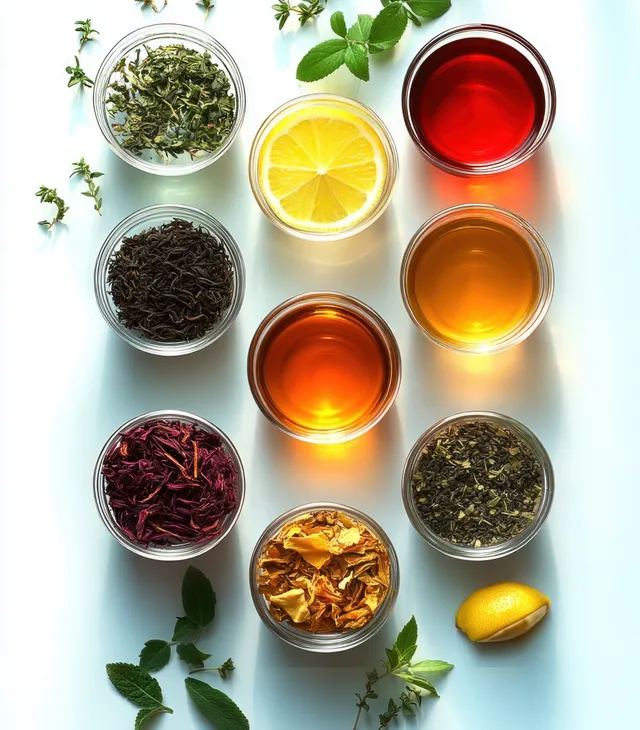 Herbal tea flat lay with lemon slices and colorful glass cups, top view