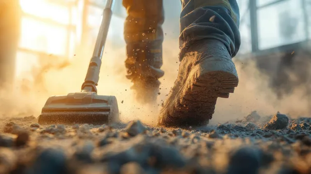 Work boots step through dusty construction floor beside a shovel blade in warm sunlight.