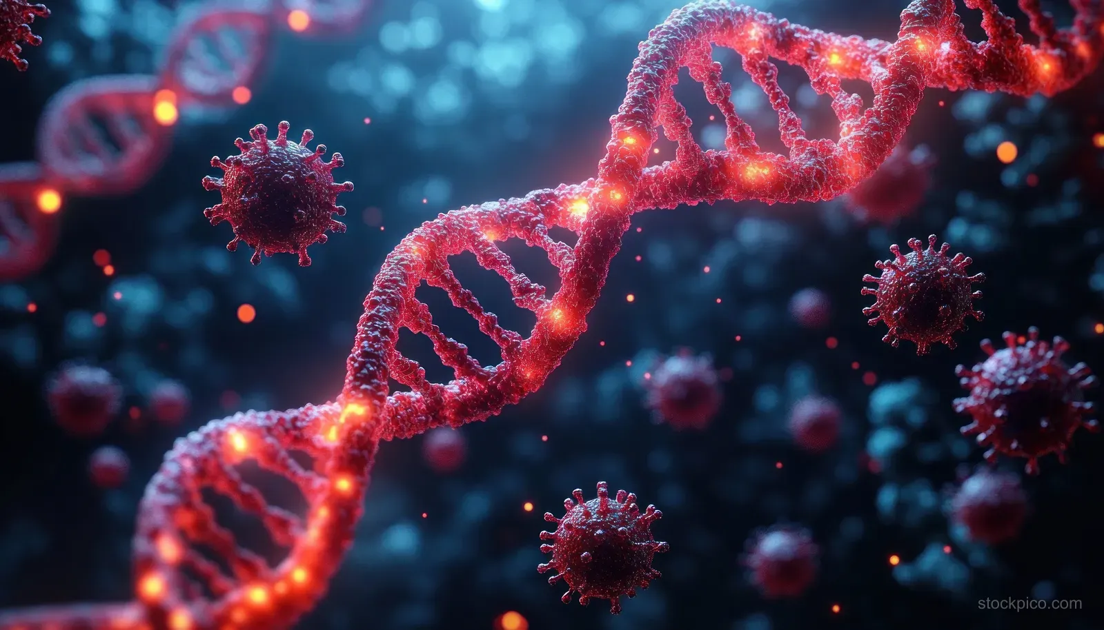 Glowing red DNA helix wrapped by virus-like particles in a dark blue blurred scientific background.