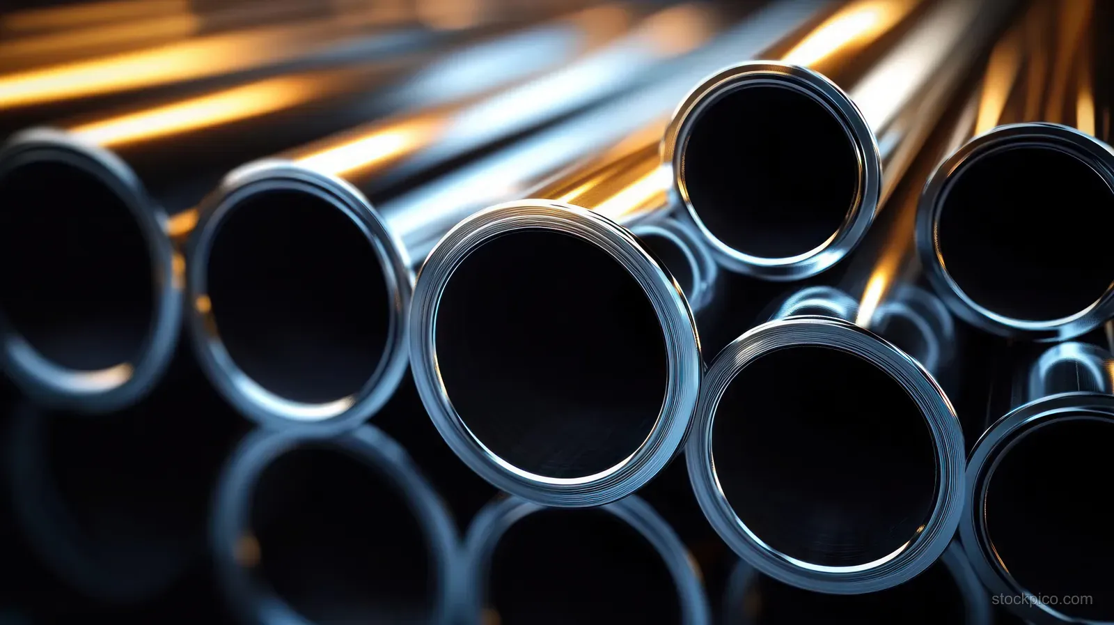 Stacked polished stainless steel pipes fill the frame, reflecting warm highlights against a dark background.