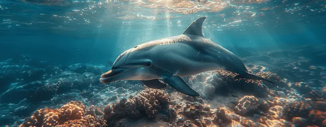 Dolphin swimming underwater near coral with sunbeams and drifting bubbles in deep ocean
