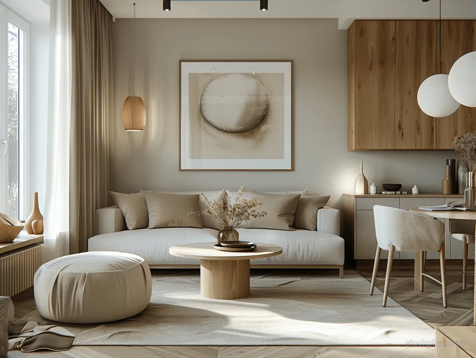 Sunlit minimalist living room featuring a beige sofa, wooden cabinetry, curtains, and framed wall art.