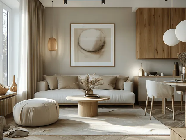 Sunlit minimalist living room featuring a beige sofa, wooden cabinetry, curtains, and framed wall art.